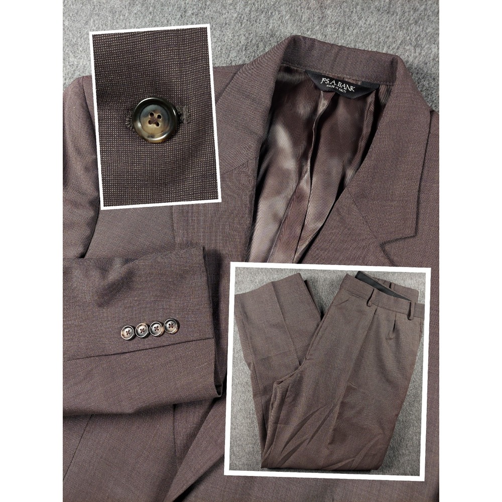 Jos A Bank 2 Piece Suit Mens 44L Brown Plaid 100% Wool Blazer Pants Formal EUC